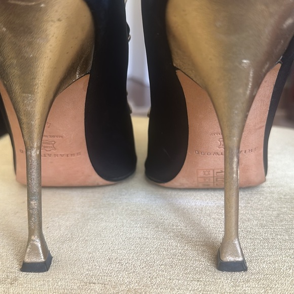 Brian Atwood Naiya Black and Gold Silk Crepe Peep-Toe High-Heel Bootie Size EU42 - Picture 12 of 16